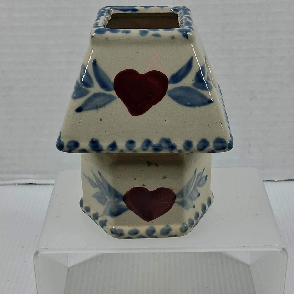 Hand Painted Ceramic Heart Tea Light Candle Holder Blue Cream Cottagecore 4in